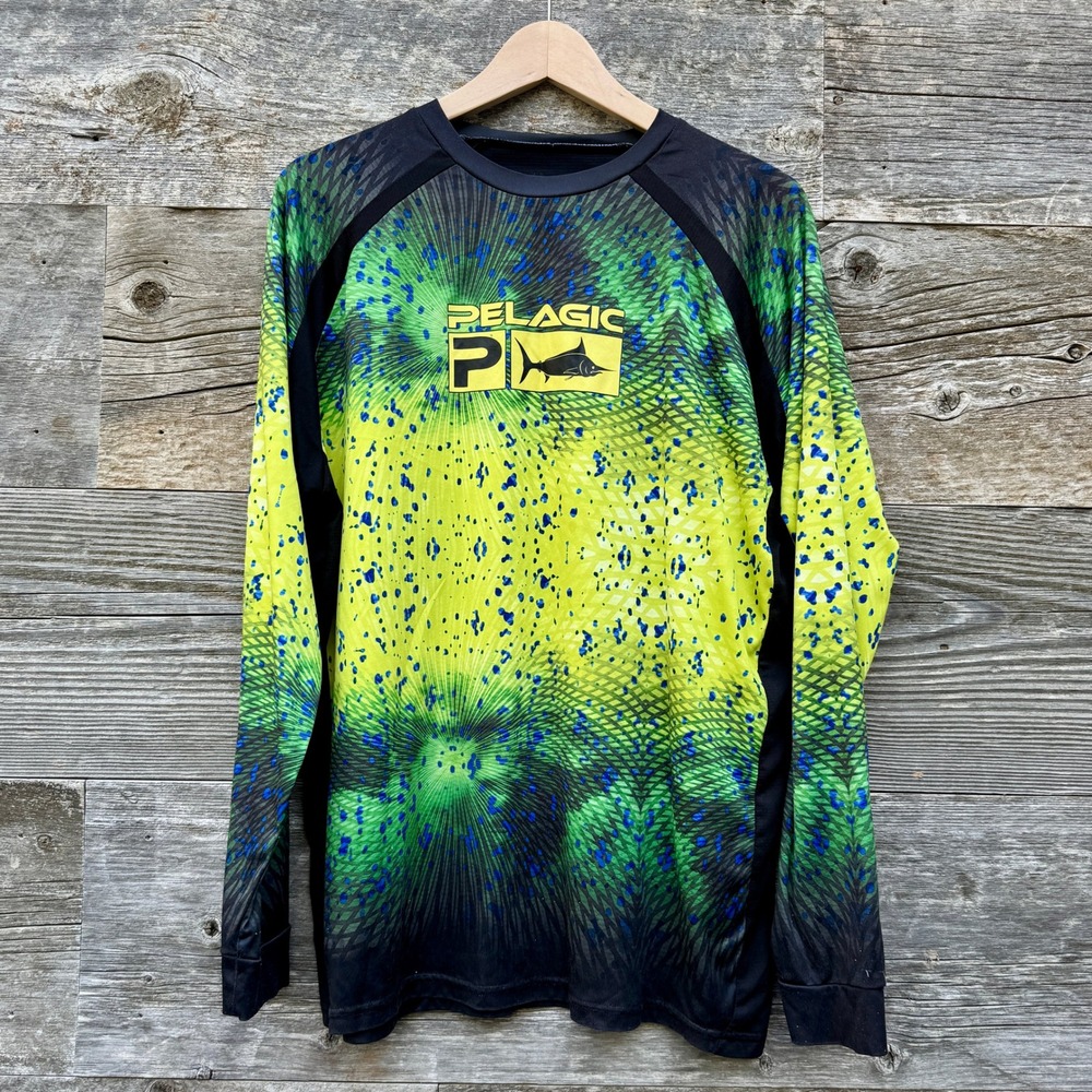 Pelagic Mens Vaportek Performance Fishing Shirt L Green Long Sleeve UPF READ*